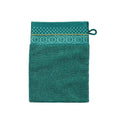 alt="Green wash mitt with fine striped terry cloth and decorative jacquard edge."
