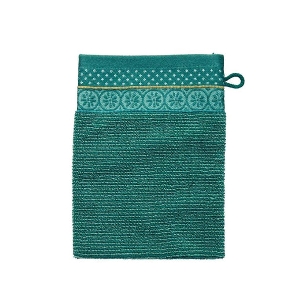 alt="Green wash mitt with fine striped terry cloth and decorative jacquard edge."