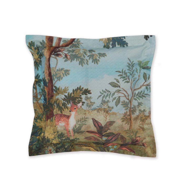 alt="Decorative reversible filled cushion with rich plant and flower designs, made of 100% percale cotton."