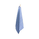 A blue and white gingham tea towel hanging on a clothesline, highlighting its classic design and suitability for various dining settings.