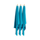 Three aqua tea towels hanging on clothes pegs, showcasing their vibrant colour and practical design for kitchen use.