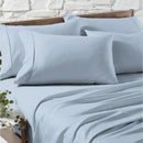 Close-up of silky, smooth sky blue Egyptian cotton sheets with elegant detail
