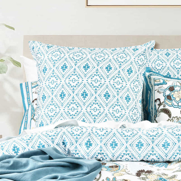Close-up of 300 thread count cotton pillowcase in Anaya's serene tile design

