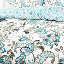 Close-up of painterly flowers in soft blue tones on smooth cotton fabric