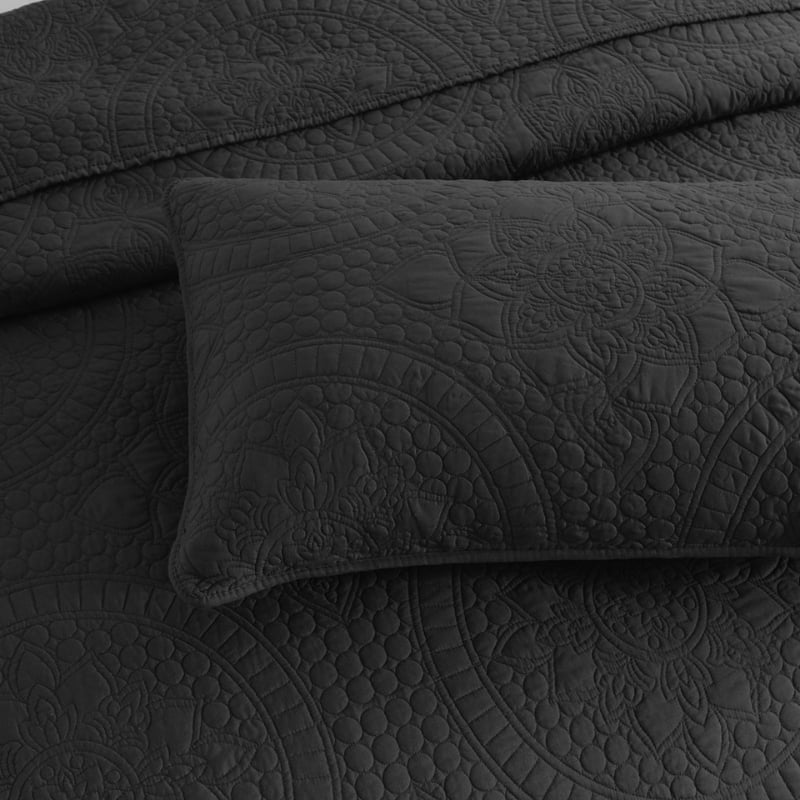 alt="Closer look of a grey european pillowcase features an inspiration from the ornate detailing of traditional Greek tile patterns.