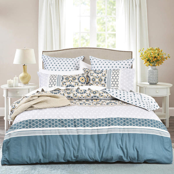 Renee Taylor Benitta quilt cover set styled with Japanese-inspired patterns and patchwork detail
