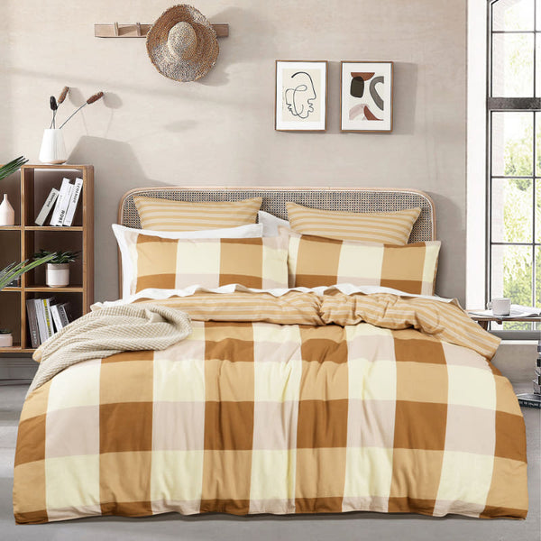 Full bedroom view with Berlin Checks quilt cover and matching European pillows