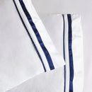 Opulent Renee Taylor Cloud PIllowcases featuring 1000-thread count Egyptian cotton, available in white with chic navy edges.