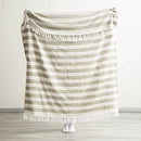 Full view of Renee Taylor Como Stripe Throw in Juniper held up to show size and drape