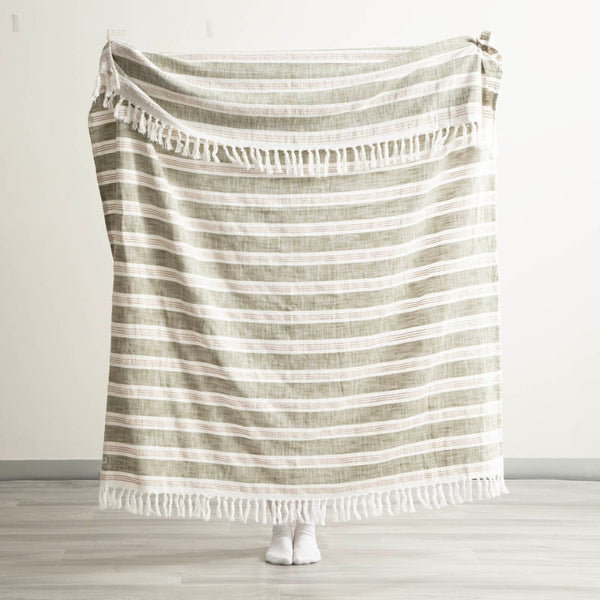 Full view of Renee Taylor Como Stripe Throw in Juniper held up to show size and drape