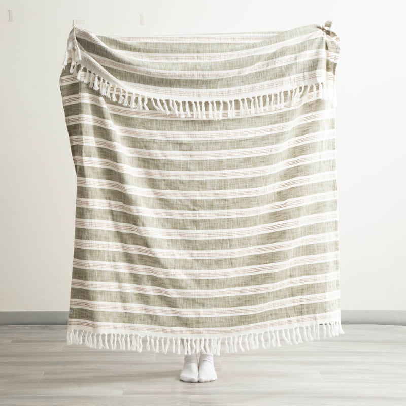 Full view of Renee Taylor Como Stripe Throw in Juniper held up to show size and drape