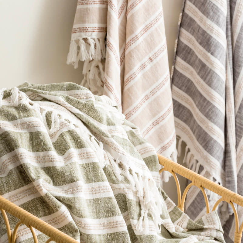 Close-up of Renee Taylor Como Stripe Juniper throw showing yarn-dyed detail and fringe