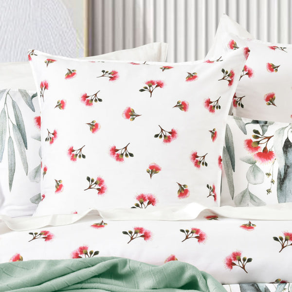 Close-up of Renee Taylor Mallees European Pillowcase with native pink floral print