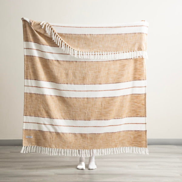 Full view of the Renee Taylor Modena Stripe Tan Throw held up to show generous size and soft drape