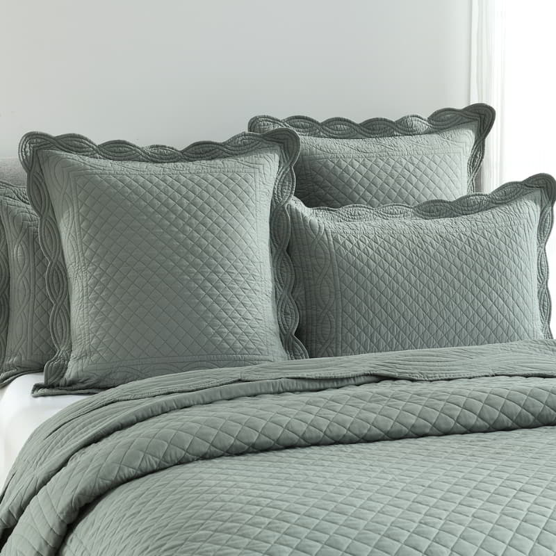 alt="Shade of green coverlet and pillowcases set with a nod to French quilting tradition and decorative details like scallop edges in a cosy bedroom"