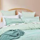Detail of 300 thread count cotton fabric with calming texture and neat edges

