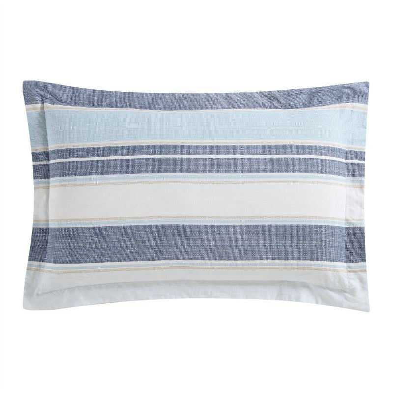 A serene pillowcase with a soft blue striped creating a calming atmosphere for sweet dreams.