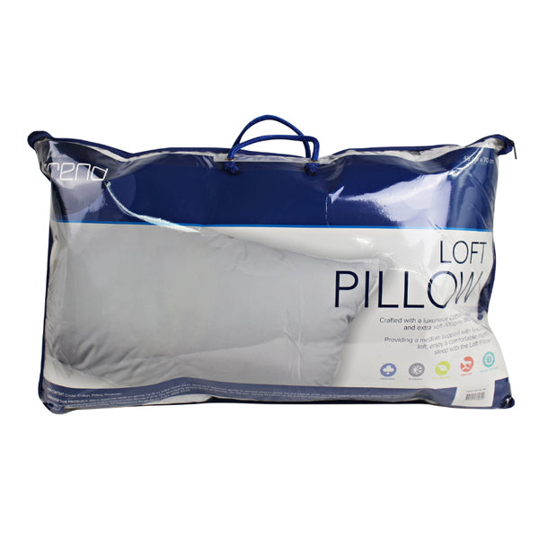 alt="Front details of a nice packaging of a loft pillow crafted with a luxurious cotton cover and extra soft"