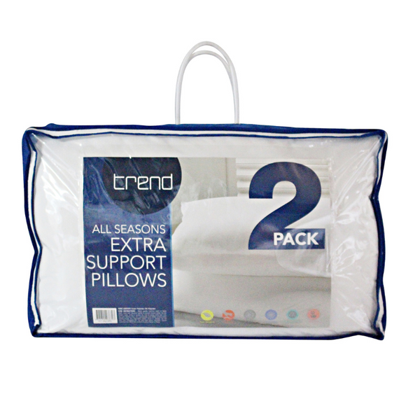 alt="Front details of the nice packaging of an extra support pillow provide soft, supportive, and comfortable support in all seasons."