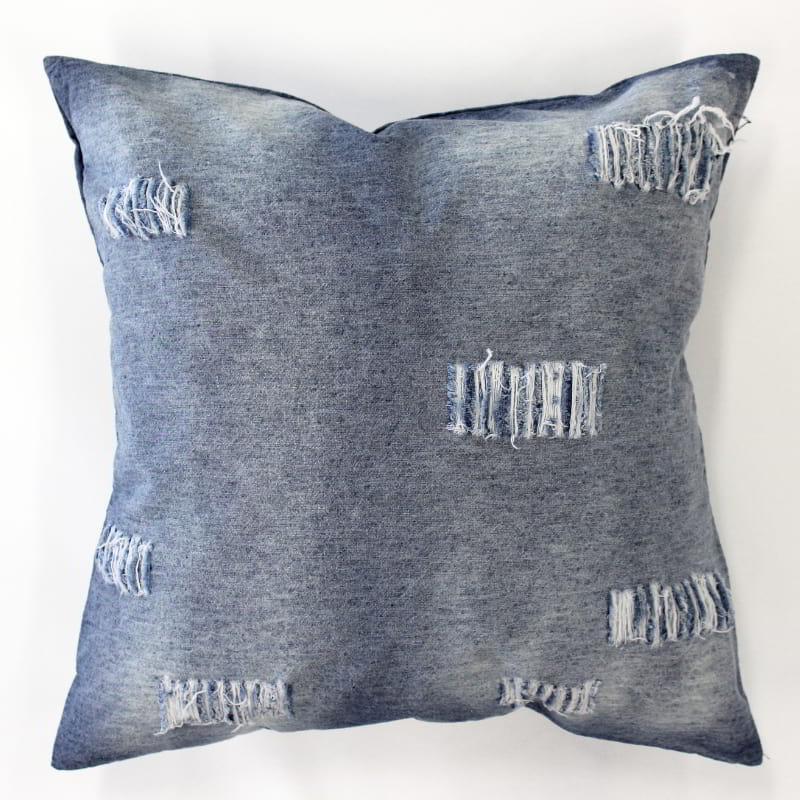 alt="A denim distress dtandard cushion with 55% Linen, 45% Cotton Cover, and Polyester Filling."
