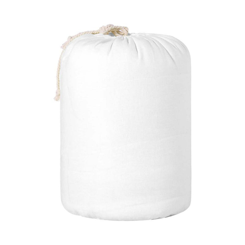 alt="A back view suitable bag of a white french linen coverlet set with 2 quilted pillowcases for luxurious comfort and style"