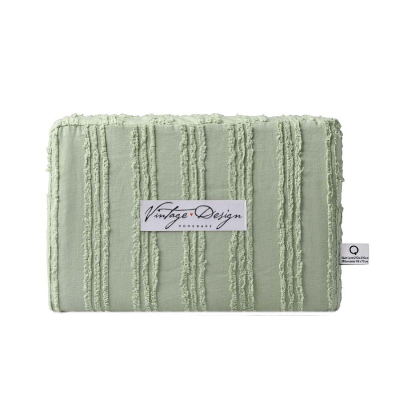 alt="Front packaging details of a sage quilt cover set featuring chenille stripes and minimalistic style"