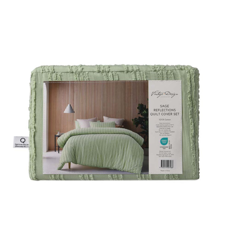 alt="Back packaging details of a sage quilt cover set featuring chenille stripes and minimalistic style"