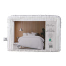 alt="Back packaging details of a white quilt cover set featuring chenille stripes and minimalistic style"