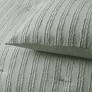 alt="Zoom in details of a sage comforter set featuring chenille stripes design along with the pillowcases"