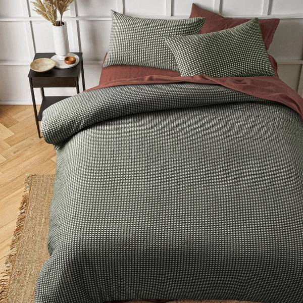 Bedroom styled with the Accessorize Hokey Pokey Waffle Green Quilt Cover Set and earthy decor.