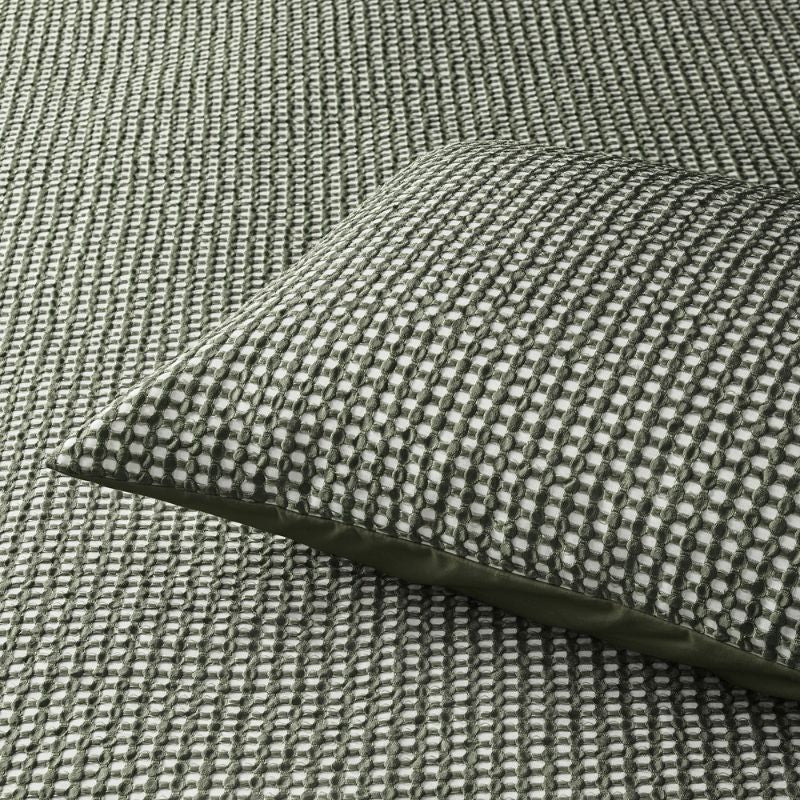 Bedroom styled with the Accessorize Hokey Pokey Waffle Green Quilt Cover Set and earthy decor.
