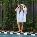 Bambury Adult Zip Front Blue Poncho with light blue stripe design.