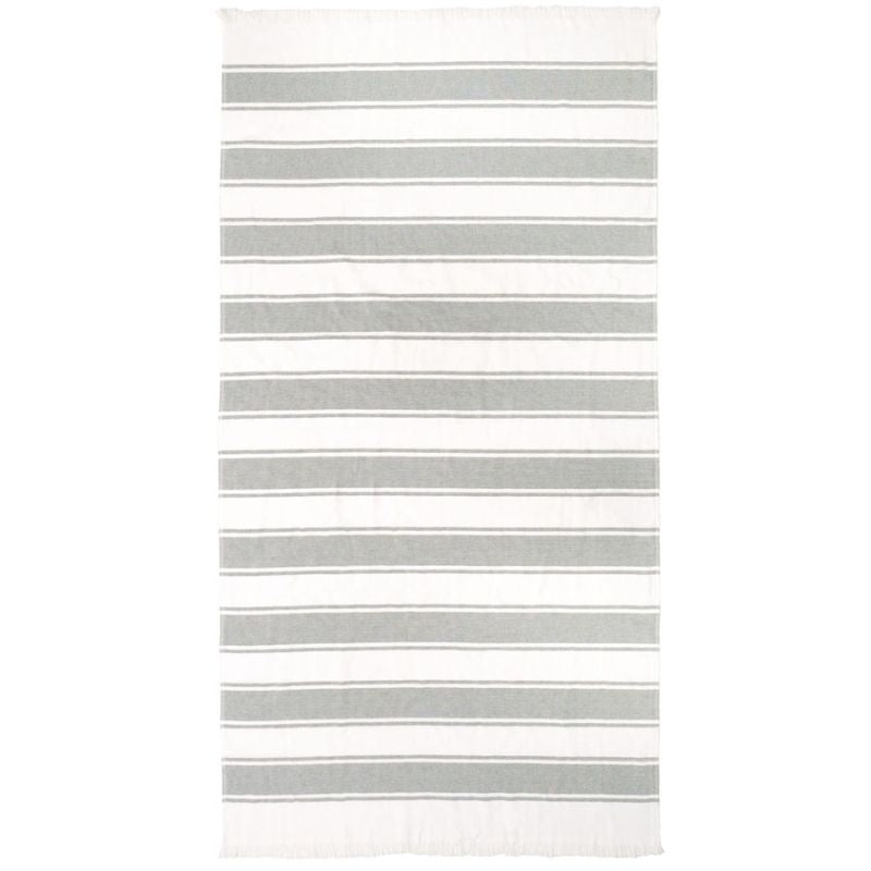 Lightweight striped cotton beach towel in natural moss tones, perfect for summer.