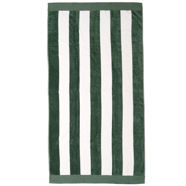 Soft cotton beach towel in moss green stripes, perfect for summer days.
