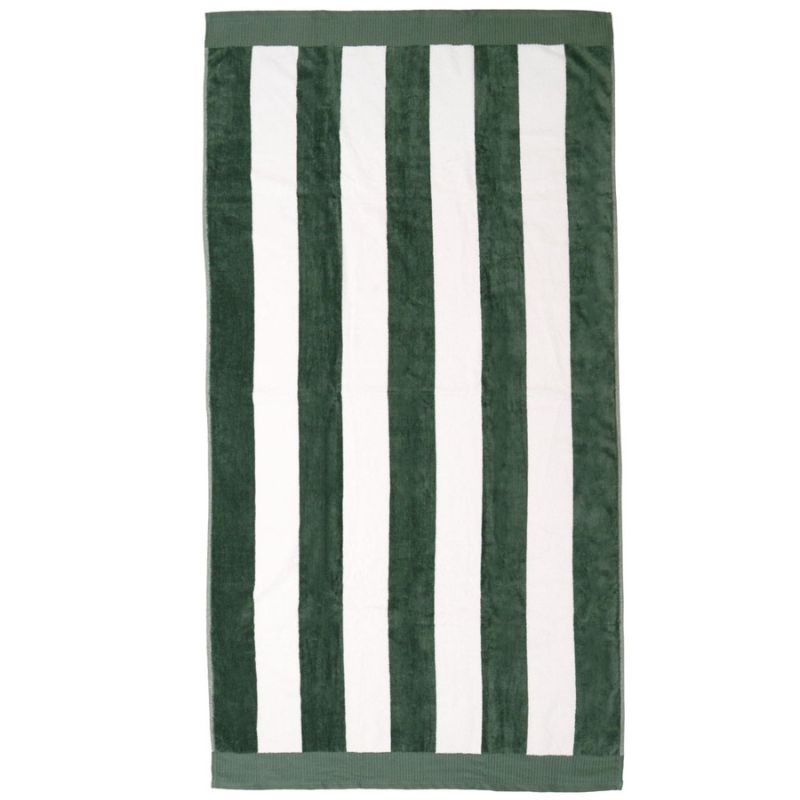 Soft cotton beach towel in moss green stripes, perfect for summer days.