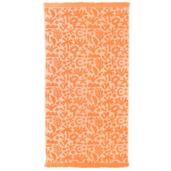 Peach-coloured beach towel with fringe edge and soft velour finish, perfect for summer.