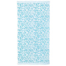 Sky-blue cotton beach towel with playful raised design and fringed edges.