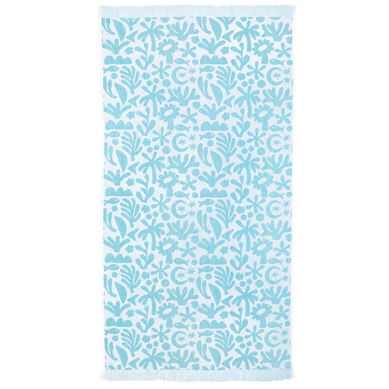 Sky-blue cotton beach towel with playful raised design and fringed edges.