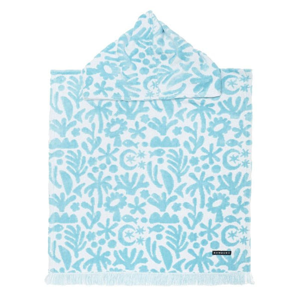 Close-up of soft cotton fabric with sky-blue pattern on the poncho.