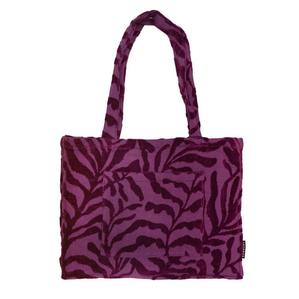 Close-up of the rich berry-coloured cotton jacquard fabric on the Bambury HiLo Nori Tote Bag.