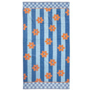 Bambury Jacquard Aster Beach Towel laid flat showing orange floral and blue stripe design.