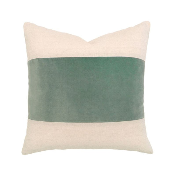 Bambury Kembla Eucalyptus Square Cushion featuring green and natural colour block design.