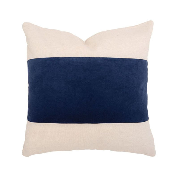 Bambury Kembla Navy Square Cushion featuring navy and natural colour block design.