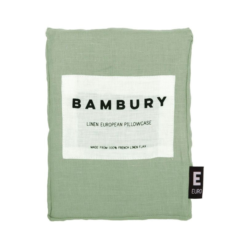 Close-up of sage green linen European pillowcase showing relaxed, natural texture.