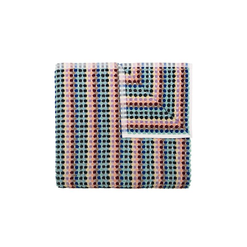 Close-up of textured pom pom weave in multi-coloured pattern.