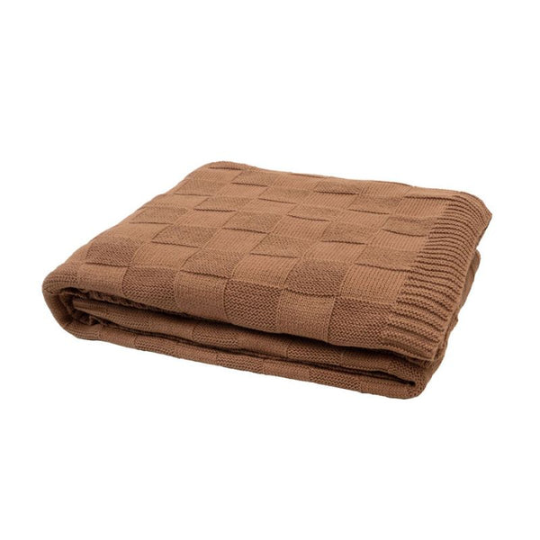 Warm-toned knitted throw blanket in biscuit colour by Bambury, styled for everyday comfort.