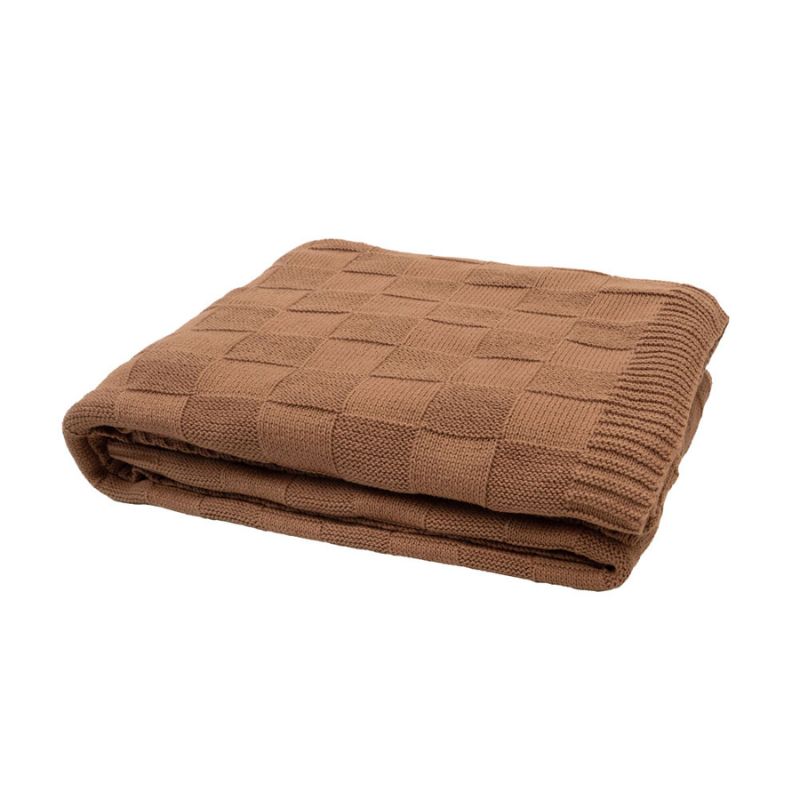 Warm-toned knitted throw blanket in biscuit colour by Bambury, styled for everyday comfort.