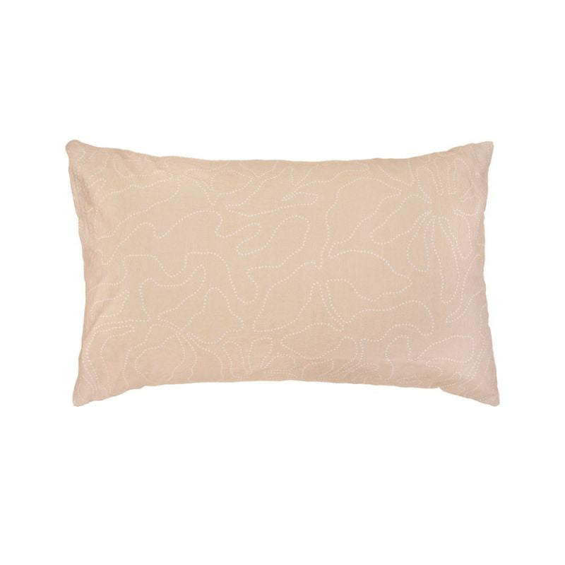 Close-up of cotton quilt cover showing subtle floral pattern in beige and sage tones.