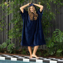 Close-up of soft navy cotton towelling fabric on Bambury Wylie Poncho.