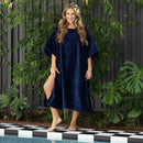 Close-up of soft navy cotton towelling fabric on Bambury Wylie Poncho.